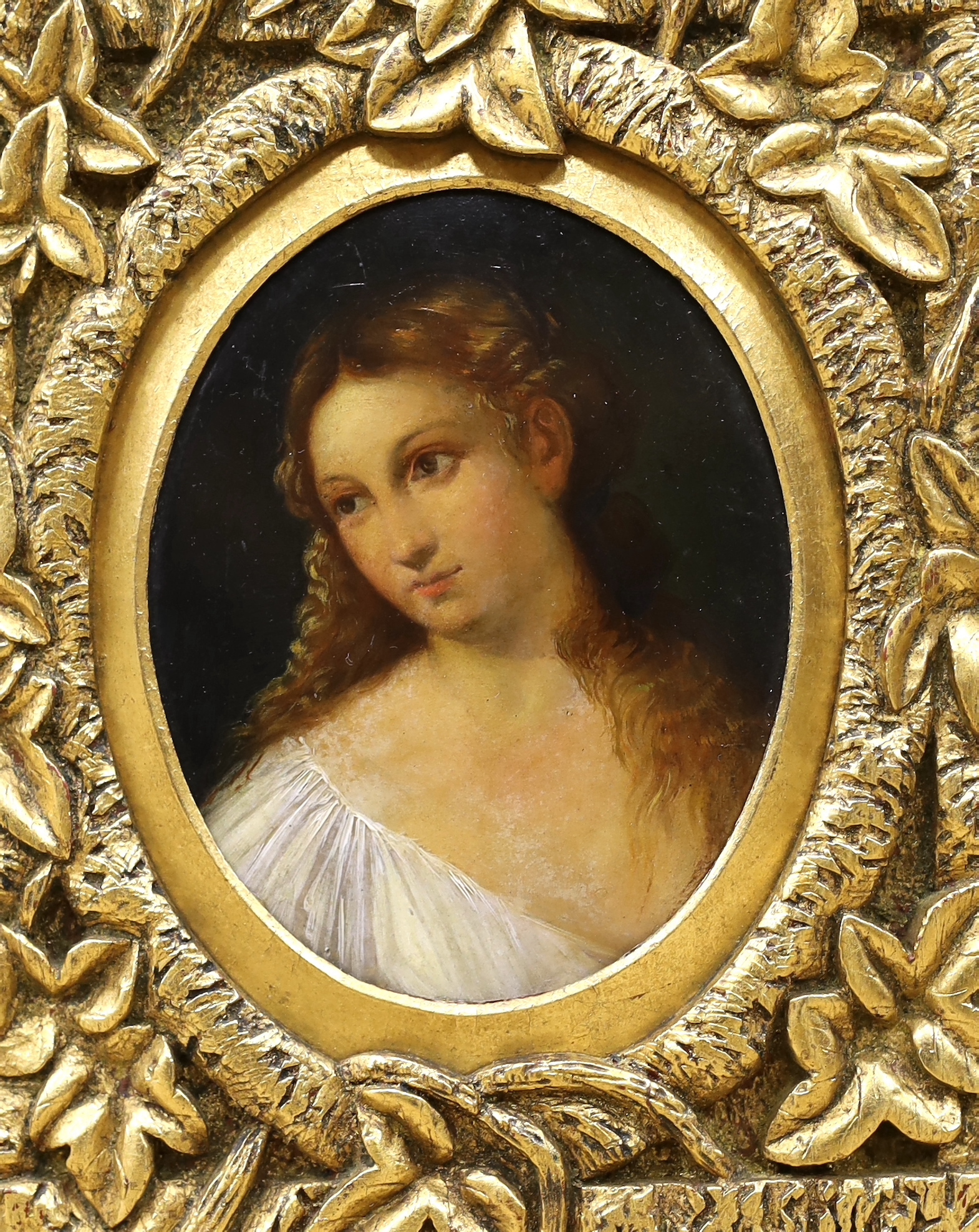 19th century Dutch school, one after Sir Anthony Van Dyck (1599-1641), pair of oils on board, Portraits, 13 x 10cm, oval, ornate gilt framed